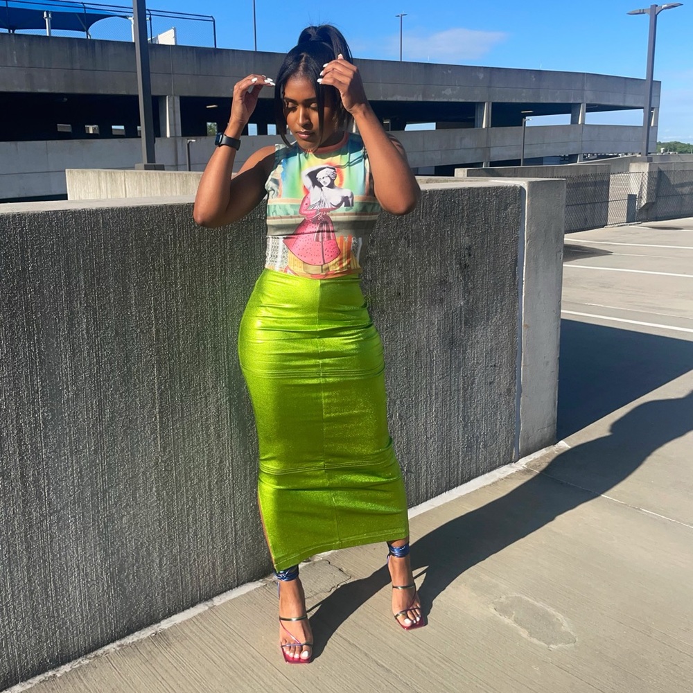 High-Shine Lime Green Metallic Maxi Skirt